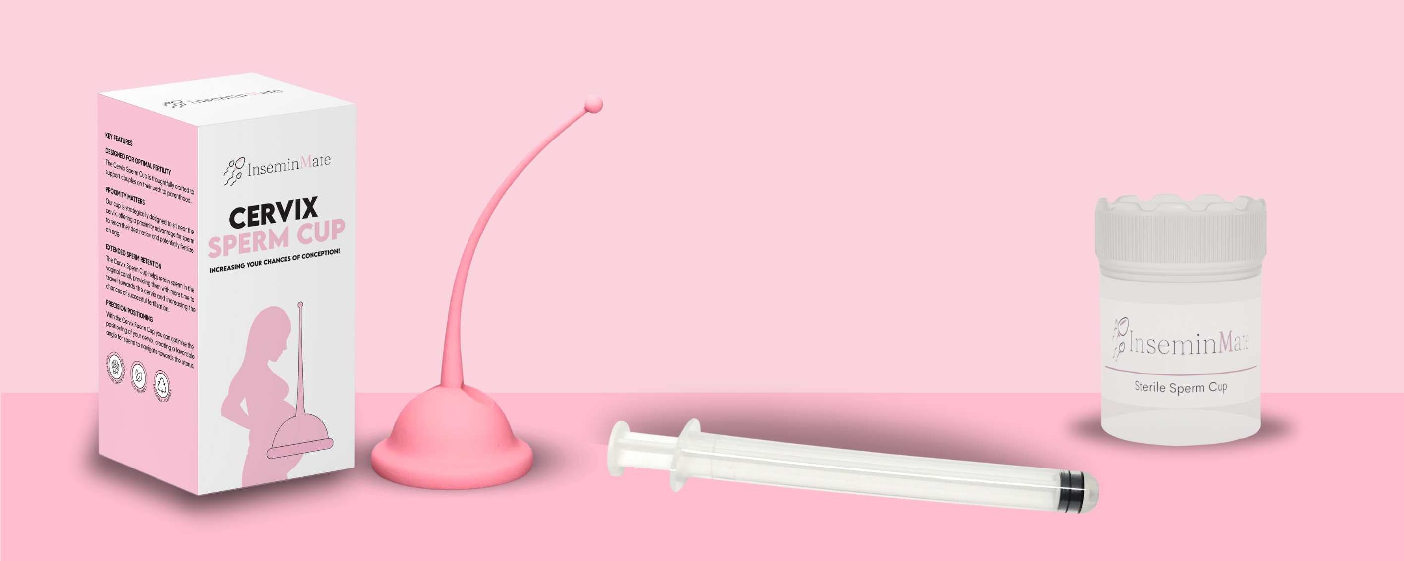 At Home self insemination kit in a box that includes cervix sperm cup, 6 insemination syringes, 6 sterile cups for sperm samples, 6 lh strips, 3 pregnancy strips, skyn lube, bbt thermometer, guide on how to do at home insemination, a tracker for pregnancy and ovulation test