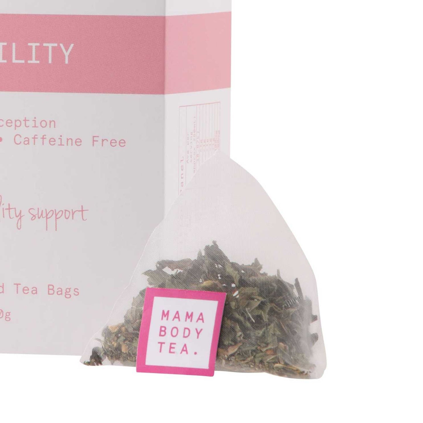 Close-up image of a pyramid-shaped fertility tea bag from Mama Body Tea, designed to support hormonal balance and fertility, against a backdrop of the Mama Body Tea brand logo. tea includes, Organic Raspberry Dong, Quai Root, Shativari Root, Tulsi, Skullcap