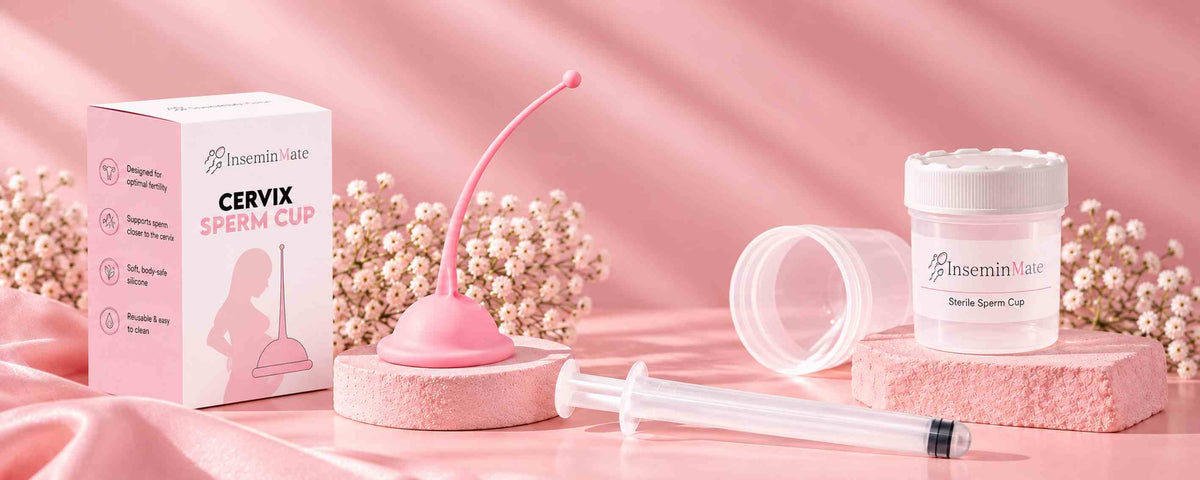 At Home self insemination kit in a box that includes cervix sperm cup, 6 insemination syringes, 6 sterile cups for sperm samples, 6 lh strips, 3 pregnancy strips, skyn lube, bbt thermometer, guide on how to do at home insemination, a tracker for pregnancy and ovulation test