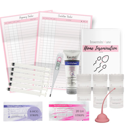 home insemination kit starter pack includes, insemination syringes, sperm cups, bbt, conception cup, home insemination guide and pregnancy and ovulation chat At Home Insemination Starter Kit