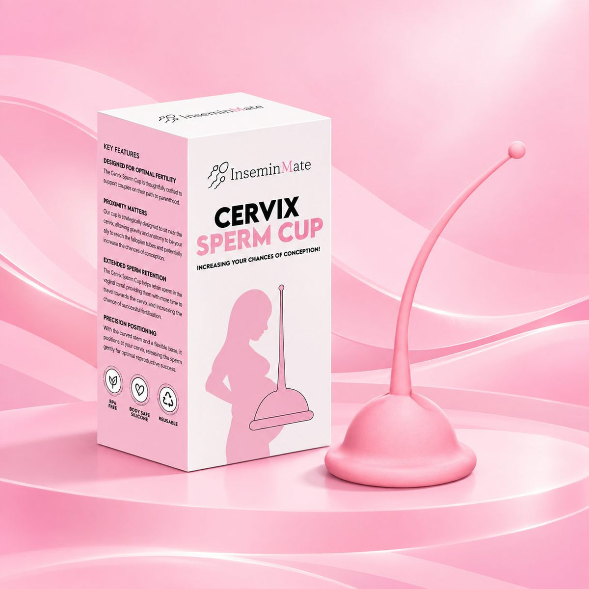 Cervix sperm cup or conception cup to increase chances of conceiving showing box and cervix sperm with a pink background
